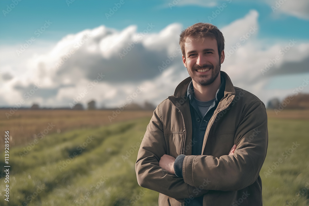Smiling weather forecaster, studying clouds in an open field, looking at camera, Close-up outdoors portrait Smiling weather forecaster, studying clouds in an open field, looking at camera, Close-up outdoors portrait