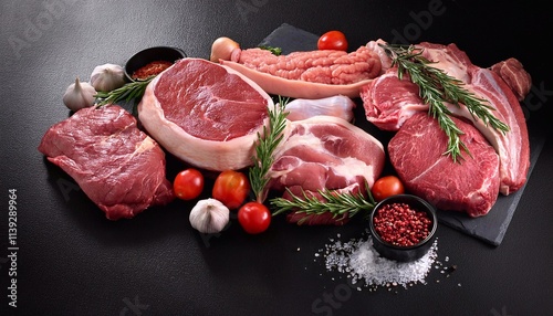 Different types of raw meat on background