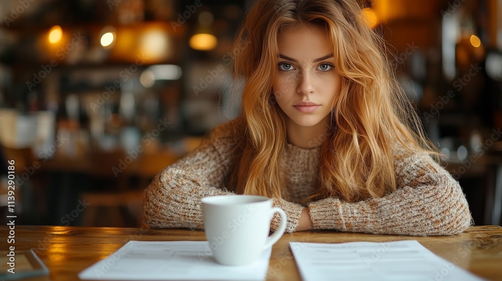 Thoughtful Woman Planning Budget with Coffee and Document on Table Thoughtful Woman Planning Budget with Coffee and Document on Table