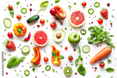 Wallpaper Mural  Colorful assortment of fresh fruits and vegetables floating on white background Torontodigital.ca