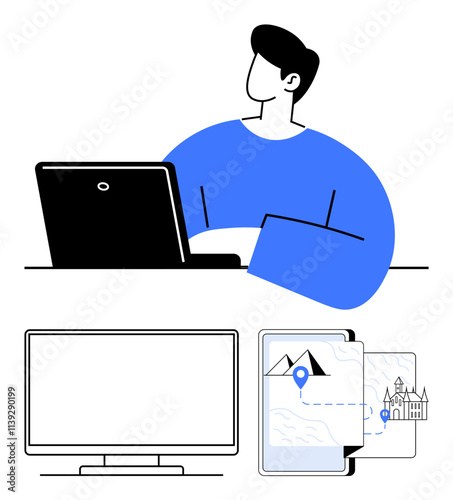 Person using a laptop with large monitor and mobile device displaying map and location pin. Ideal for remote work, technology use, digital maps, workspace setup, online communication, project