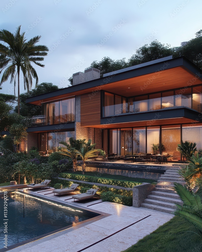 Luxury Modern Villa Design with Infinity Pool and Lush Tropical Landscaping at Dusk Luxury Modern Villa Design with Infinity Pool and Lush Tropical Landscaping at Dusk