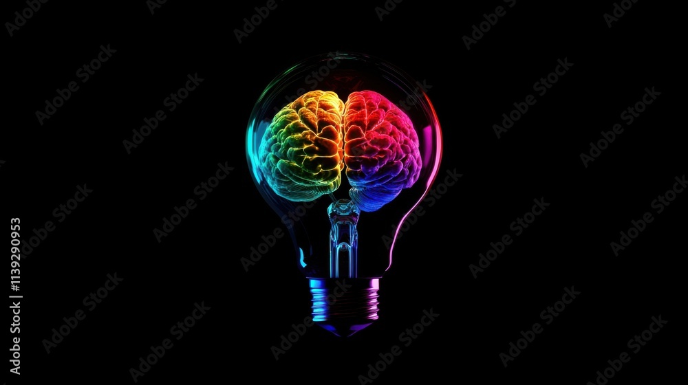 Brilliant Mind: A Rainbow Brain Inside a Glowing Light Bulb Conceptual Image Brilliant Mind: A Rainbow Brain Inside a Glowing Light Bulb Conceptual Image