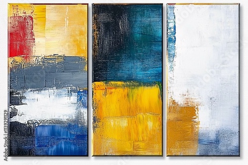 Abstract Triptych Painting Yellow Blue White Canvas Art photo