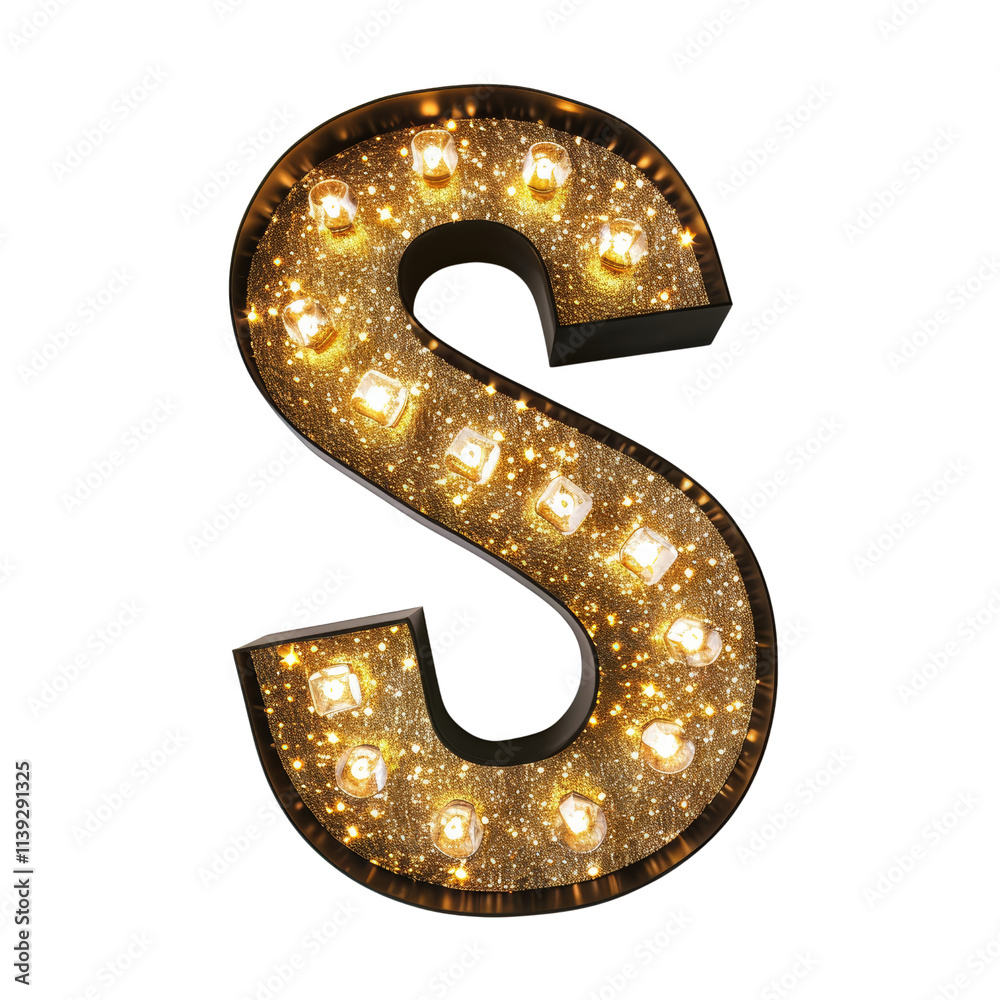 Glittering Gold Letter S with Illuminated Bulbs - Perfect for Super Sale Promotions and Eye-Catching Advertisements Glittering Gold Letter S with Illuminated Bulbs - Perfect for Super Sale Promotions and Eye-Catching Advertisements