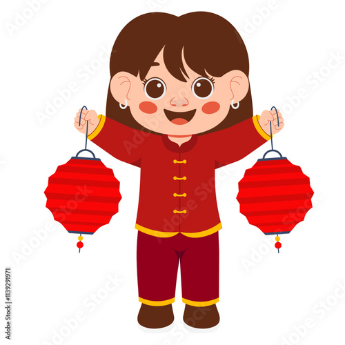 Happy Girl Holding Lanterns Celebrating Chinese New Year Illustration