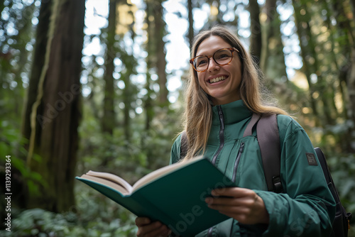 Smiling Woman environmental educator, holding a nature guidebook in a forest, looking at camera, Close-up outdoors portrait