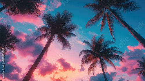 Outrun Synthwave style - 1990s retro aesthetic with palm trees and tropical sunset in pink and blue