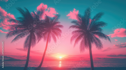Outrun Synthwave style - 1990s retro aesthetic with palm trees and tropical sunset in pink and blue