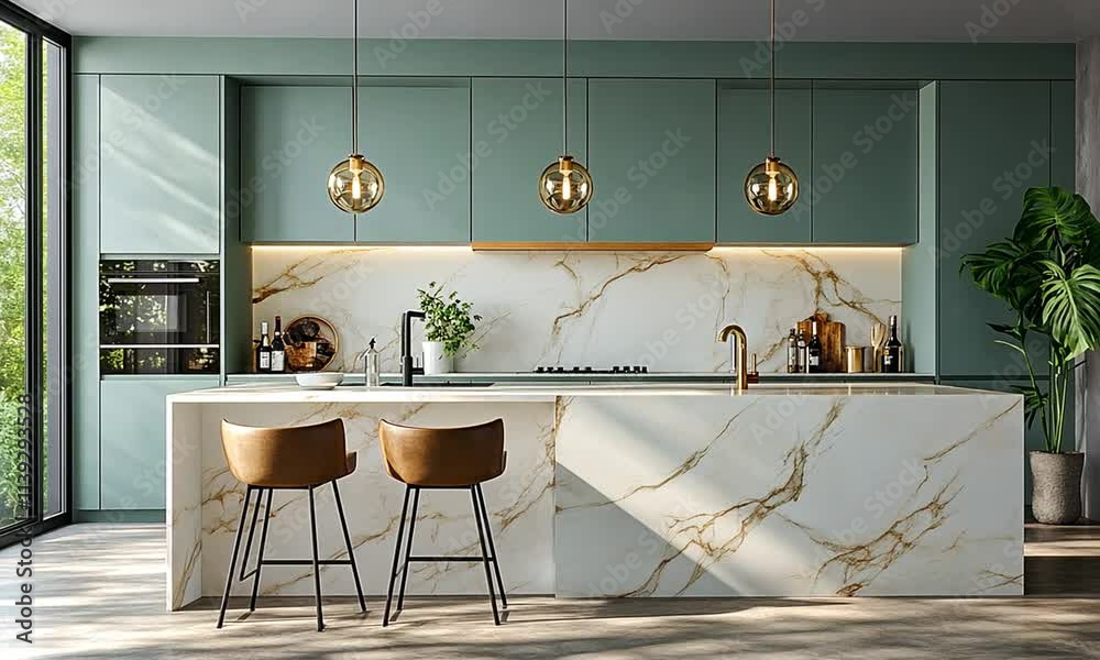 Modern kitchen with marble island, stylish lighting, and minimalistic decor.