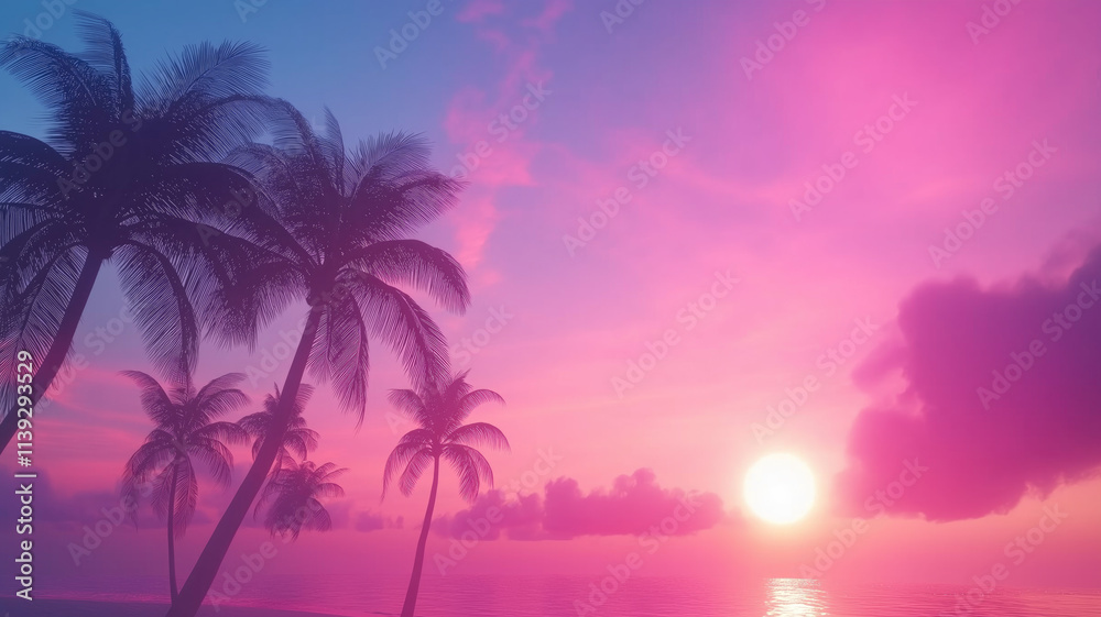 Outrun Synthwave style - 1990s retro aesthetic with palm trees and tropical sunset in pink and blue Outrun Synthwave style - 1990s retro aesthetic with palm trees and tropical sunset in pink and blue