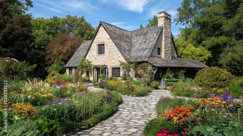 Charming Stone Cottage Nestled in a Vibrant Summer Garden Landscape