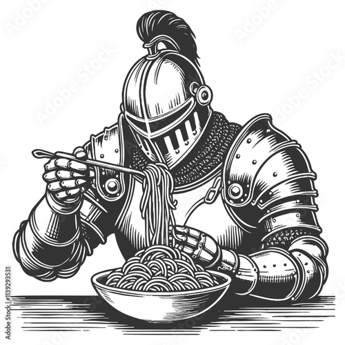 medieval knight in full armor enjoying a bowl of spaghetti, historical imagery with humorous elements sketch engraving generative ai vector illustration. Scratch board imitation. Black and white image