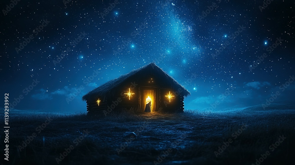 Jesus Christ Birth Concept: Wooden Stable Against a Dark Blue Starry Night Jesus Christ Birth Concept: Wooden Stable Against a Dark Blue Starry Night