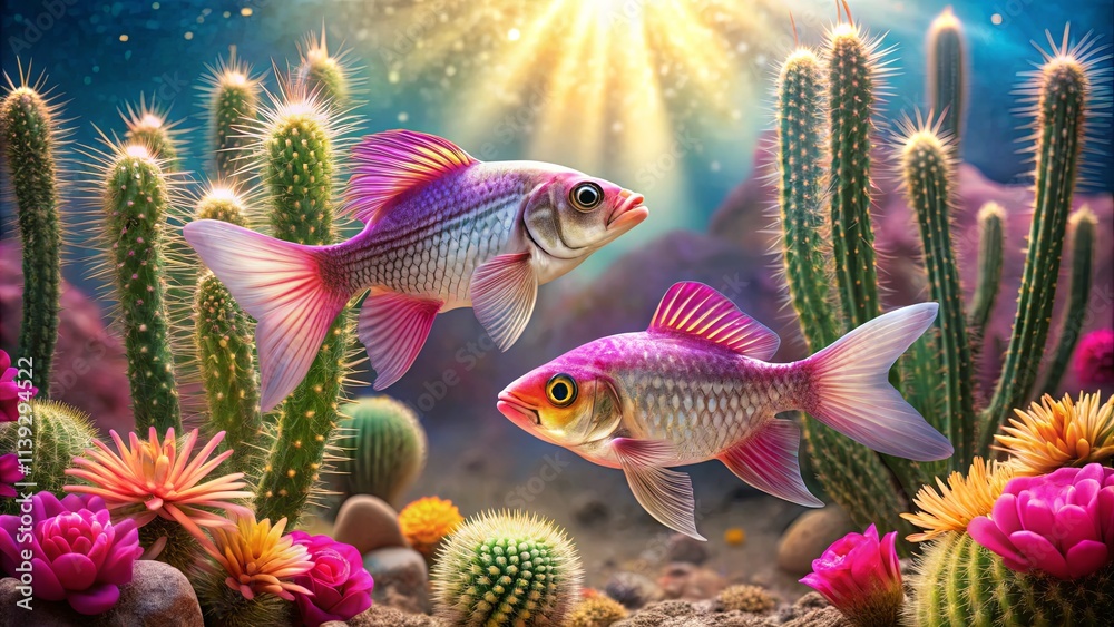 Colorful Fish Swimming Among Cacti and Flowers Colorful Fish Swimming Among Cacti and Flowers