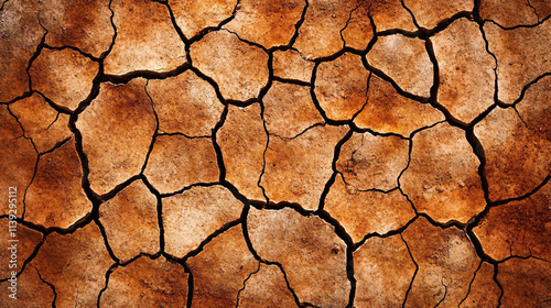 Dry cracked earth surface with rich brown and beige tones, showcasing effects of drought and arid conditions. intricate patterns evoke sense of nature resilience and fragility