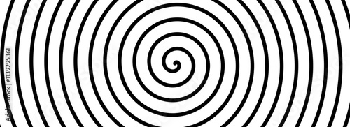 Hypnotic spiral background. Black and white radial optical illusion art. Swirl tunnel wallpaper. Spinning concentric circles. Vortex or whirlpool design for poster, banner, flyer, booklet. Vector