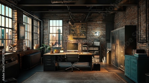 Industrial Chic Loft Office: Sunrise City View