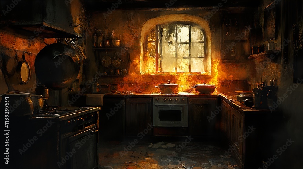 Burning Kitchen: A Rustic Interior Painting Burning Kitchen: A Rustic Interior Painting