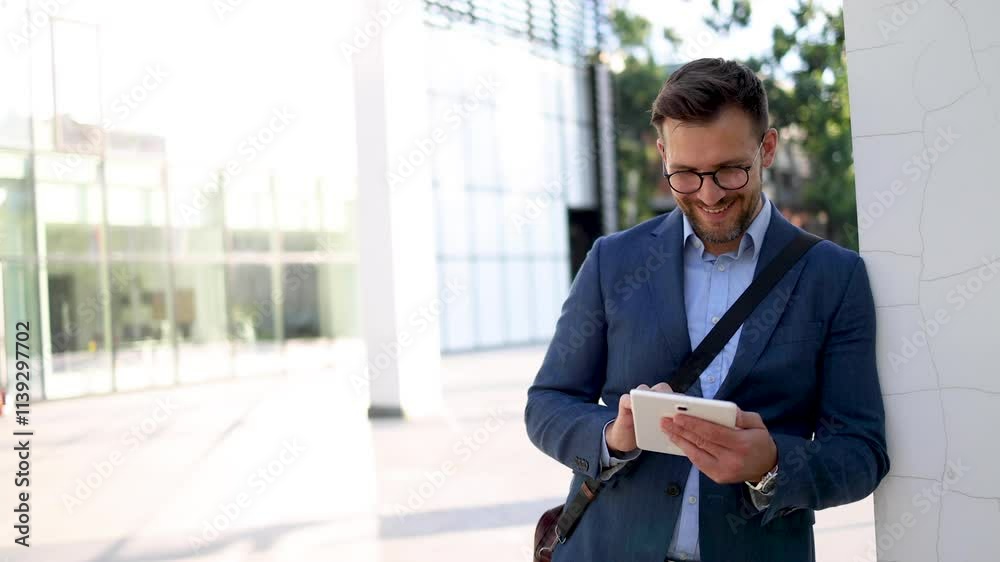 Young businessman using tablet in front of his company Young businessman using tablet in front of his company