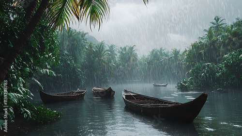 A group of small boats are floating in a river with rain falling
