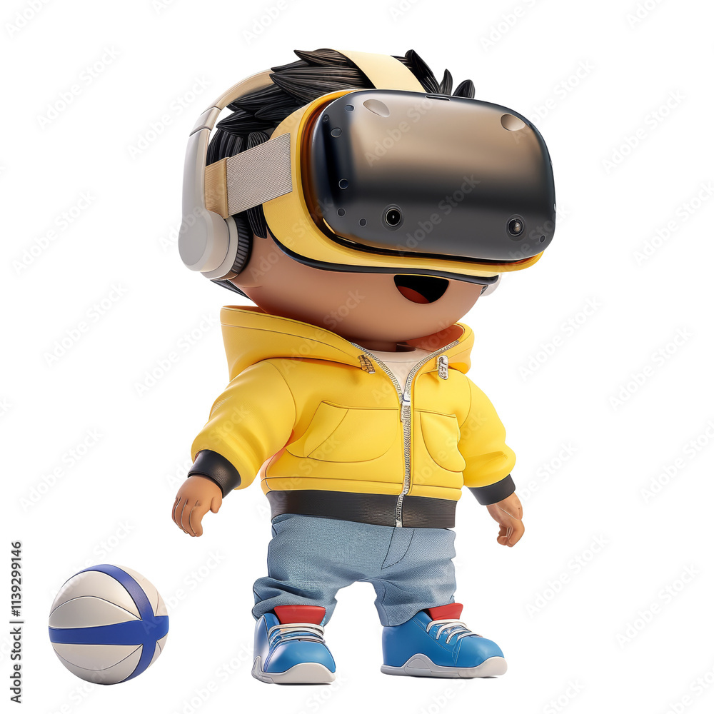 Child Engaged in Virtual Learning with VR Glasses and Headphones, Standing Next to a Ball Child Engaged in Virtual Learning with VR Glasses and Headphones, Standing Next to a Ball
