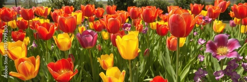 Vibrant red, yellow, and purple tulips blooming in spring sunshine, petals, garden, spring