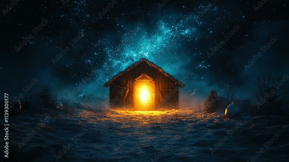 Wooden Stable Under a Dark Blue Starry Sky: Jesus Christ Birth Concept Banner Wooden Stable Under a Dark Blue Starry Sky: Jesus Christ Birth Concept Banner