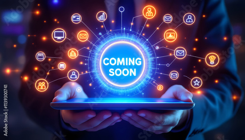 Futuristic Coming Soon Digital Concept with Network Graphics