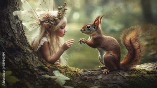 Young Fairy Girl Befriends A Forest Squirrel photo