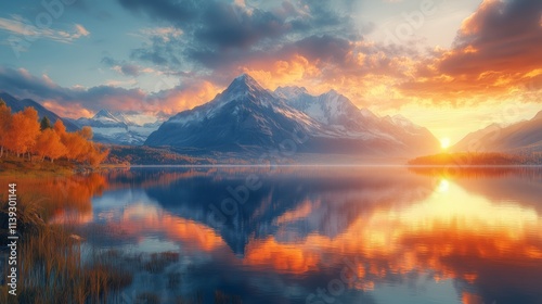 Golden Hour Over Calm Lake with Mountains and Vibrant Sky - Made with Generative AI