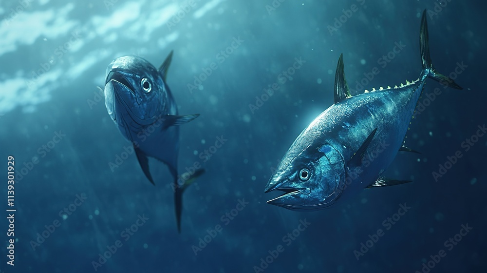A school of tuna swimming in a tropical sea A school of tuna swimming in a tropical sea
