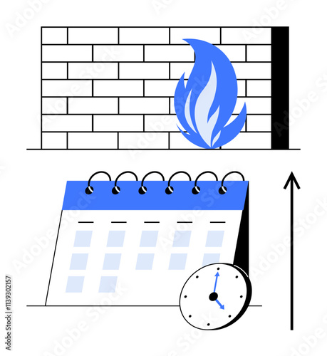 Calendar with clock and firewall element. Ideal for business planning, security, network protection, time management, schedule optimization, strategic planning, efficiency improvement. Line metaphor