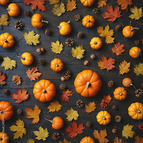 Thanksgiving Wallpaper with Fall leaves, Gourds and Acorns on a Dark wood Tabletop. photo