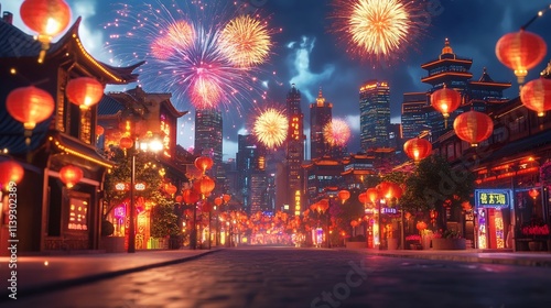 Vibrant Futuristic Chinese New Year on City Street with Colorful Lanterns and Fireworks photo