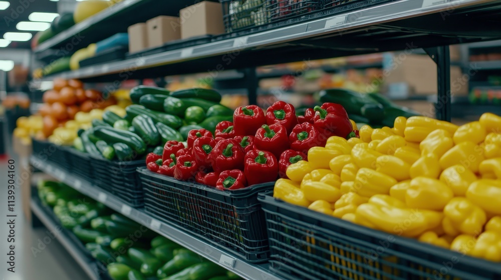 Vibrant Display of Fresh Vegetables in Supermarket Aisle Featuring Red, Yellow, and Green Bell Peppers Surrounded by Fresh Zucchini and Colorful Produce Vibrant Display of Fresh Vegetables in Supermarket Aisle Featuring Red, Yellow, and Green Bell Peppers Surrounded by Fresh Zucchini and Colorful Produce