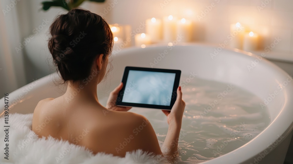 Relaxing bath time with tablet cozy bathroom lifestyle image warm atmosphere intimate view self-care concept