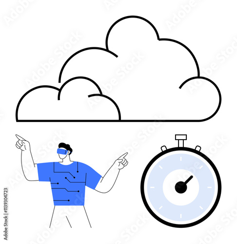 Large cloud outline user with VR headset stopwatch icon. Ideal for technology, innovation, cloud computing, VR, digital transformation, time management, futurism. Representing advanced solutions