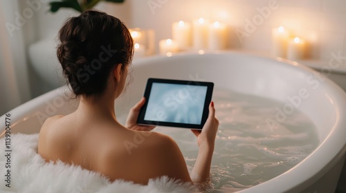 Obraz na płótnie Relaxing bath time with tablet cozy bathroom lifestyle image warm atmosphere intimate view self-care concept w salonie