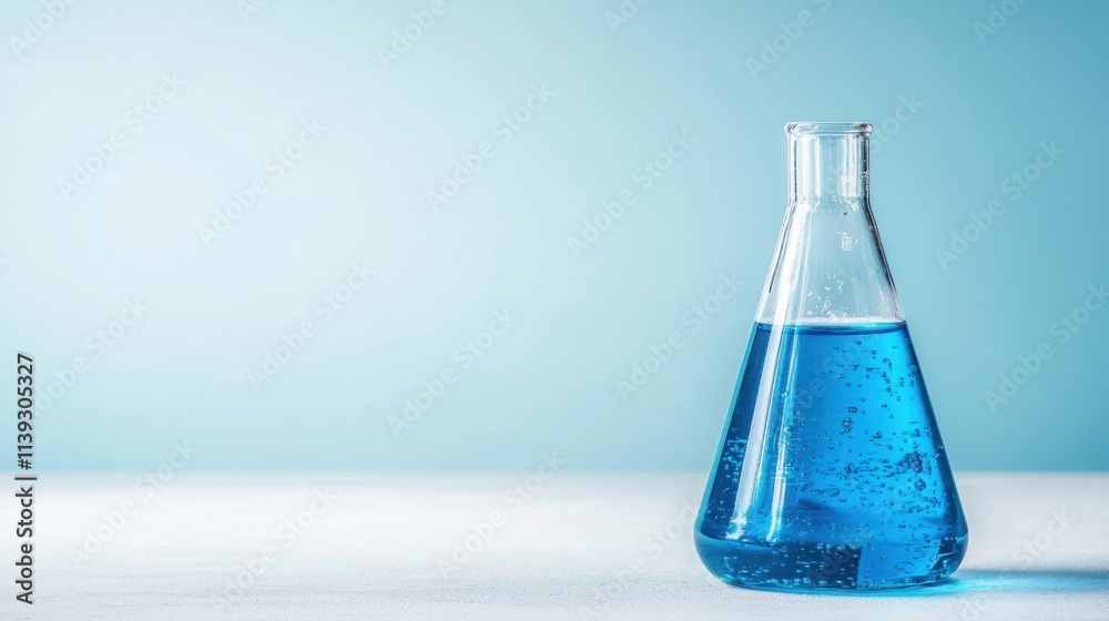 Blue Liquid in Glass Flask on Light Background for Scientific Use Blue Liquid in Glass Flask on Light Background for Scientific Use