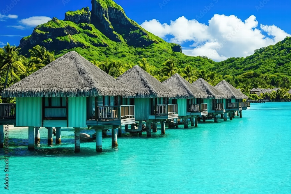 Overwater Bungalows in Tropical Paradise with Mountain Views by Generative AI Overwater Bungalows in Tropical Paradise with Mountain Views by Generative AI