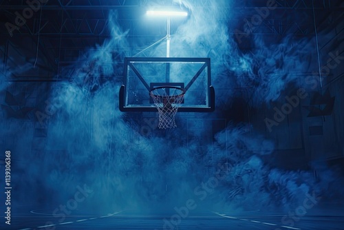 Flawless Picture of Dark and Dramatic High School Basketball Court with Blue Smoke