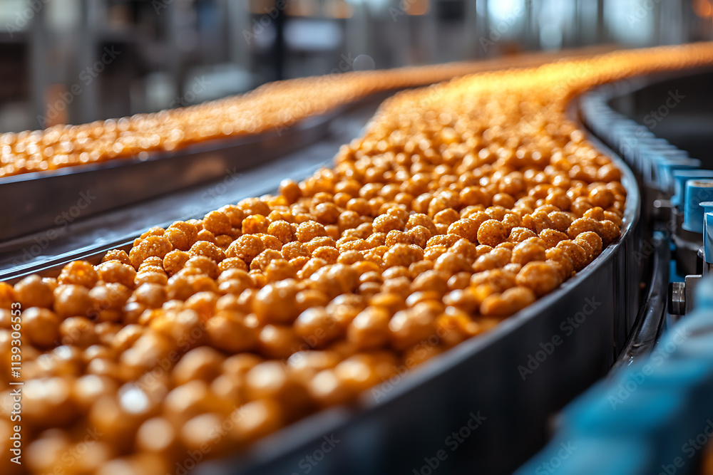 food production conveyor belt filled with golden, crispy cheese puffs in a factory setting for mass manufacturing.
food production conveyor belt filled with golden, crispy cheese puffs in a factory setting for mass manufacturing.