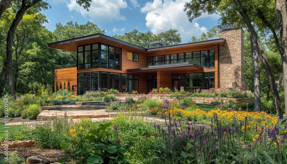Modern Wood and Stone House nestled in Lush Landscaping with Vibrant Flower Gardens Modern Wood and Stone House nestled in Lush Landscaping with Vibrant Flower Gardens