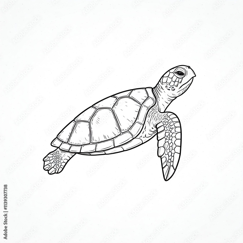 Obraz premium A sea turtle drawn with black lines. Black-and-white illustration.