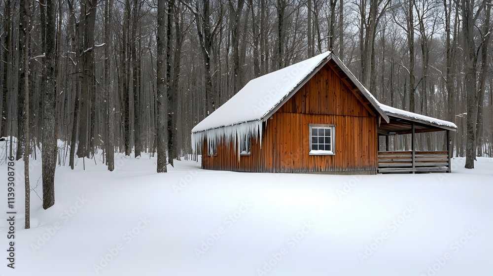 Snow-Covered Wooden Cabin in Serene Winter Forest Snow-Covered Wooden Cabin in Serene Winter Forest