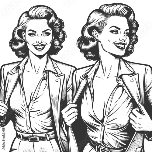 woman in suit and open shirt, businesswoman empowerment and style sketch engraving generative ai fictional character vector illustration. Scratch board imitation. Black and white image.