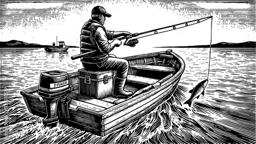 fisherman in a small wooden rowboat, fishing in the water engraving black and white outline