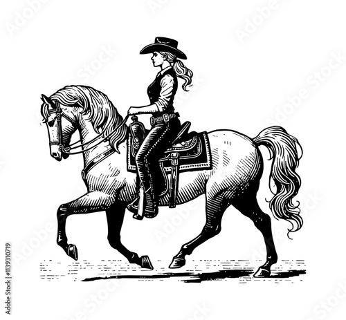 woman riding a horse engraving black and white outline