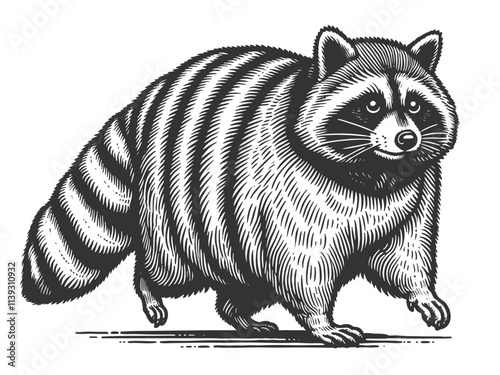 Chubby raccoon with a bushy tail, showcasing intricate details and playful character sketch engraving generative ai vector illustration. Scratch board imitation. Black and white image.